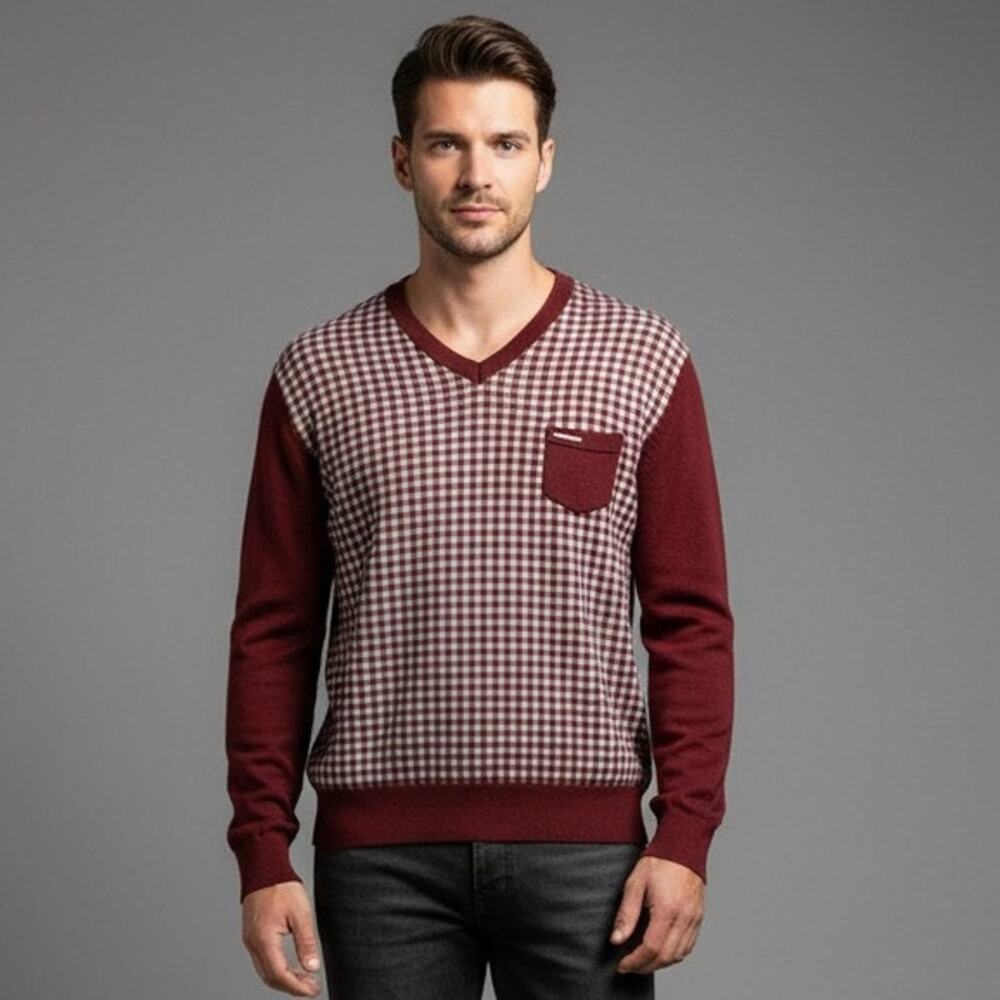 MARC ECKO Cut & Sew Cotton Plaid LS SWEATER w Pocket Maroon Men Size Large